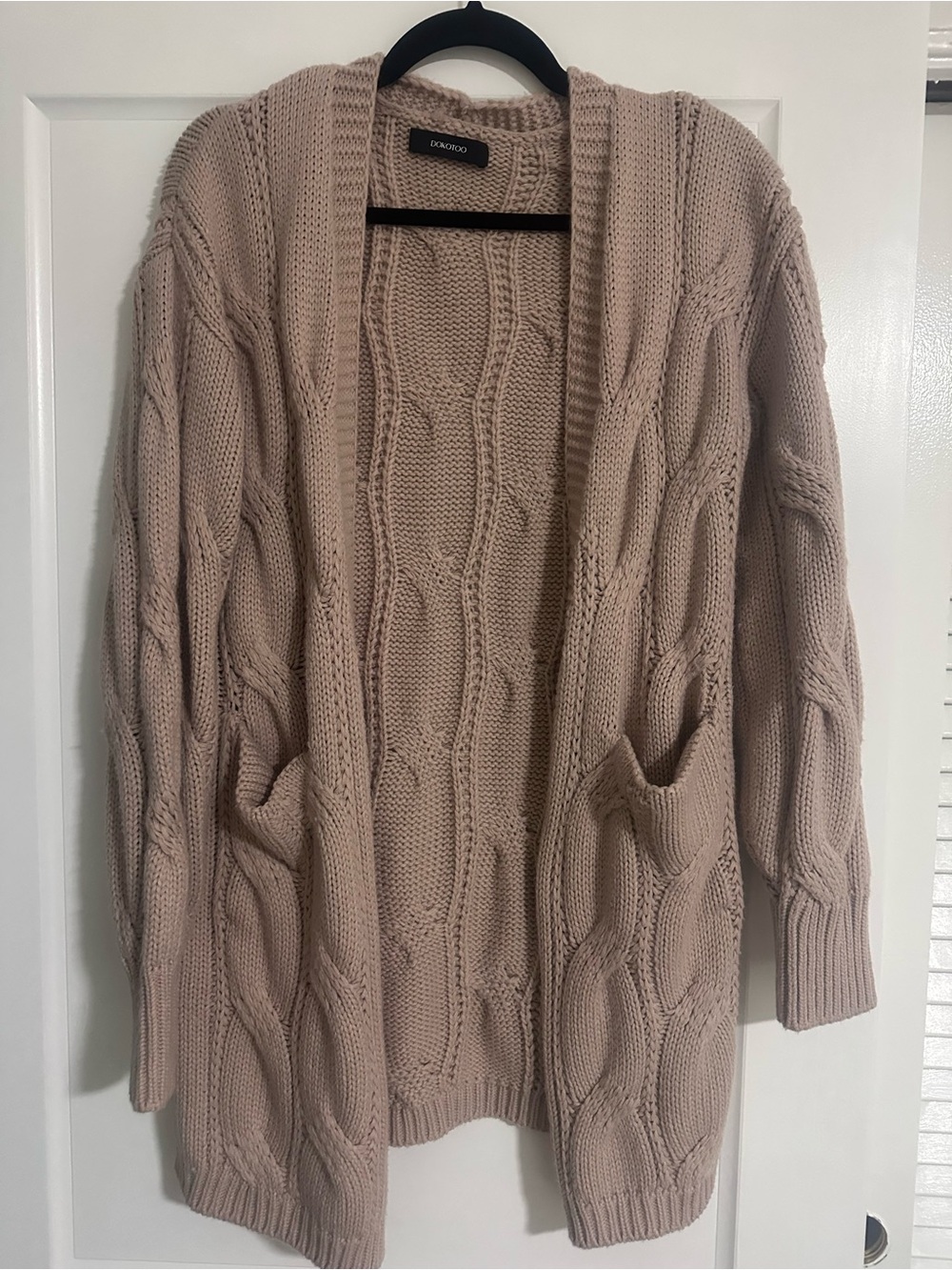 Caslon Open-Front Cable Knit Cardigan in Taupe